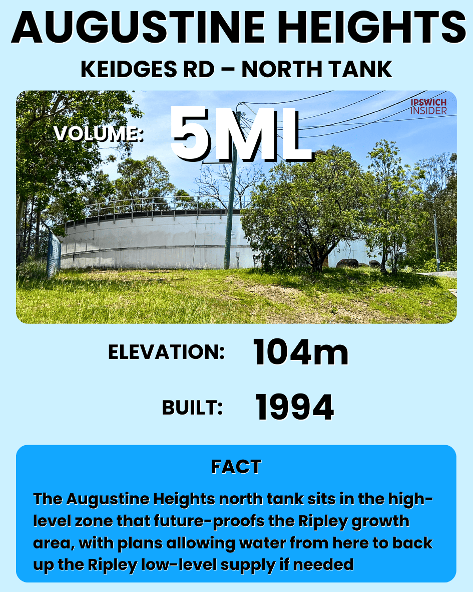 Augustine Heights north companion reservoir tank on Keidges Road at 104 m elevation
