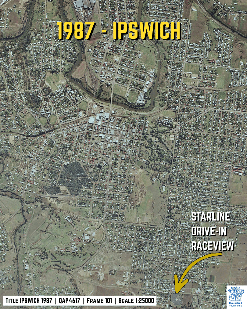 1987 aerial image of Ipswich Central showing a more car-oriented CBD edge and continued urban infill, Ipswich QLD