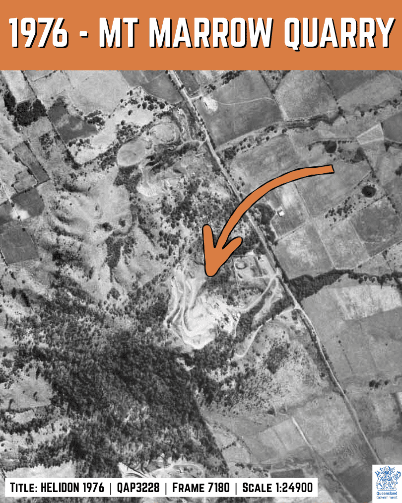 1976 aerial image of Mount Marrow Quarry showing expanded disturbed footprint and more defined haul routes, Ipswich region QLD