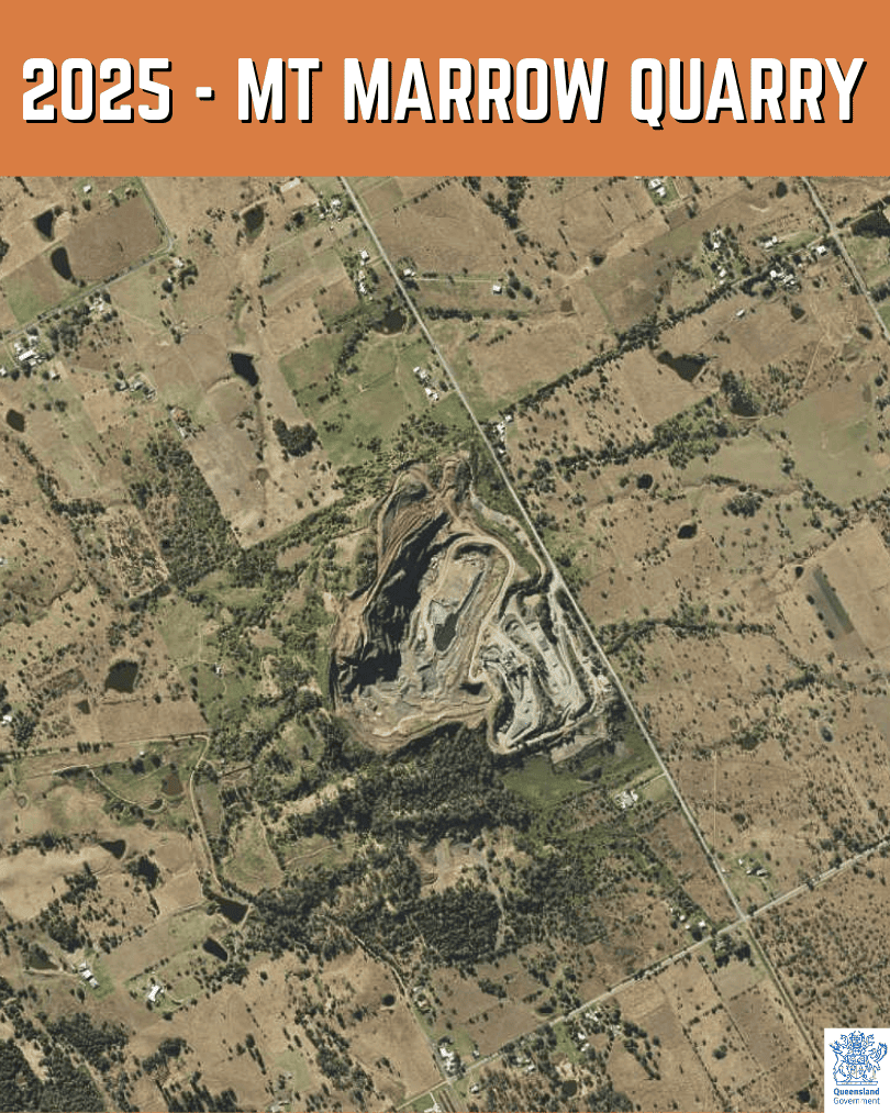 2025 aerial image of Mount Marrow Quarry showing cumulative long-term expansion of the pit, benches and operational areas, Ipswich region QLD