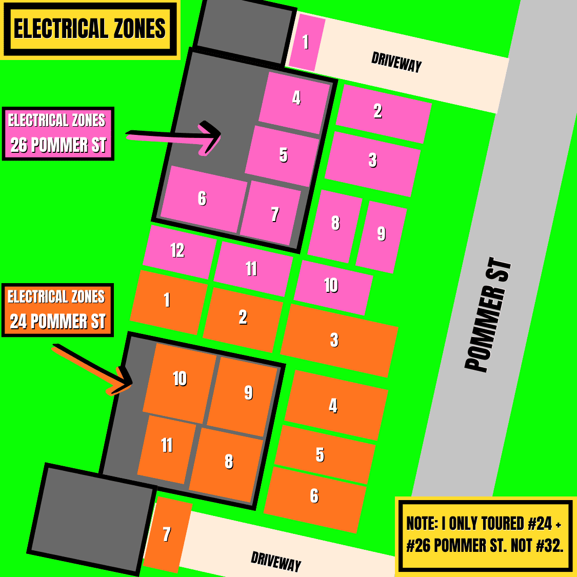 Zone setup map showing multiple electrical zones around the Pommer Street houses