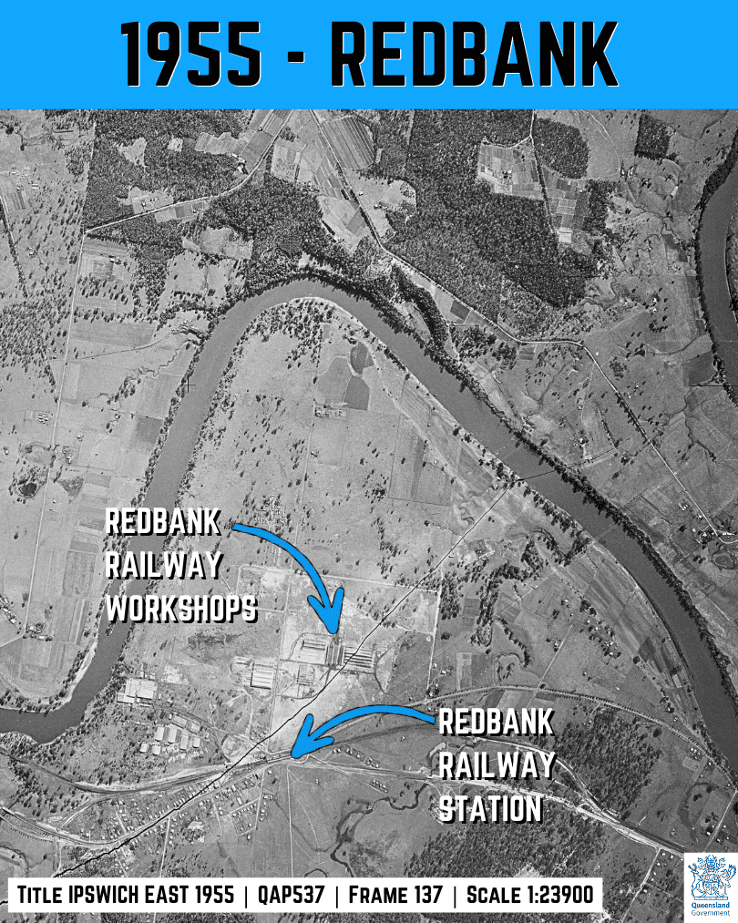 1955 aerial image of Redbank showing early rail workshop and yard footprint, Ipswich QLD