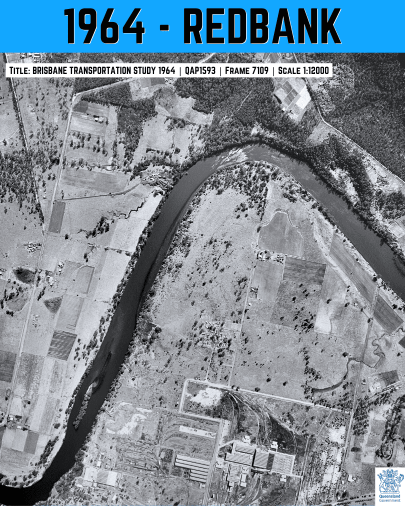 1964 aerial image of Redbank showing a consolidated rail workshops and yard complex, Ipswich QLD