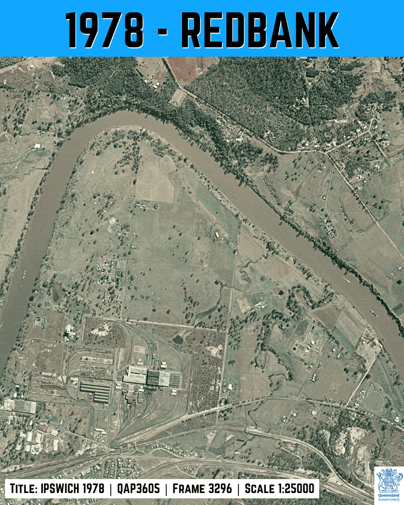 1978 aerial image of Redbank showing a mature rail workshops and yard precinct, Ipswich QLD