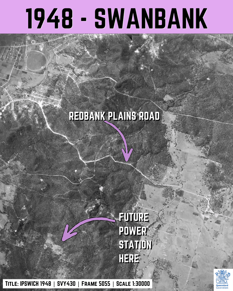 1948 aerial image of Swanbank showing pre-power station rural and mining-era landscape, Ipswich QLD