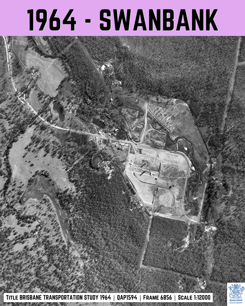 1964 aerial image of Swanbank showing early power station construction and large cleared pads, Ipswich QLD