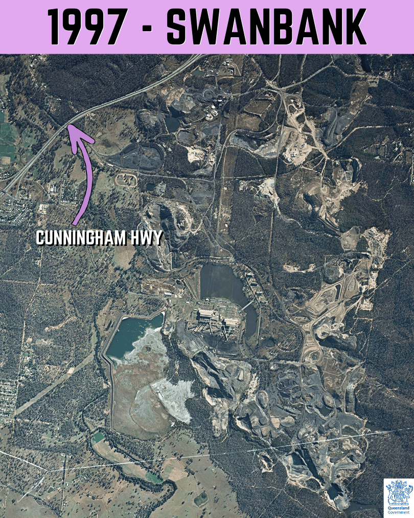 1997 aerial image of Swanbank showing expanded industrial lots and a more complex precinct layout, Ipswich QLD