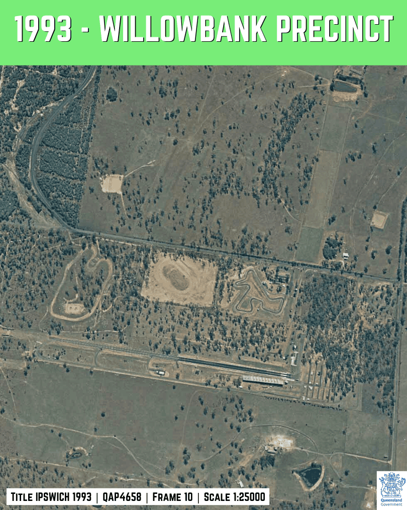 1993 aerial image of the Willowbank Motorsport Precinct area showing a more established venue footprint within a rural setting, Ipswich region QLD