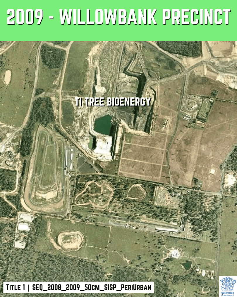 2009 aerial image of the Willowbank Motorsport Precinct showing a mature venue footprint and intensified surrounding land use, Ipswich region QLD