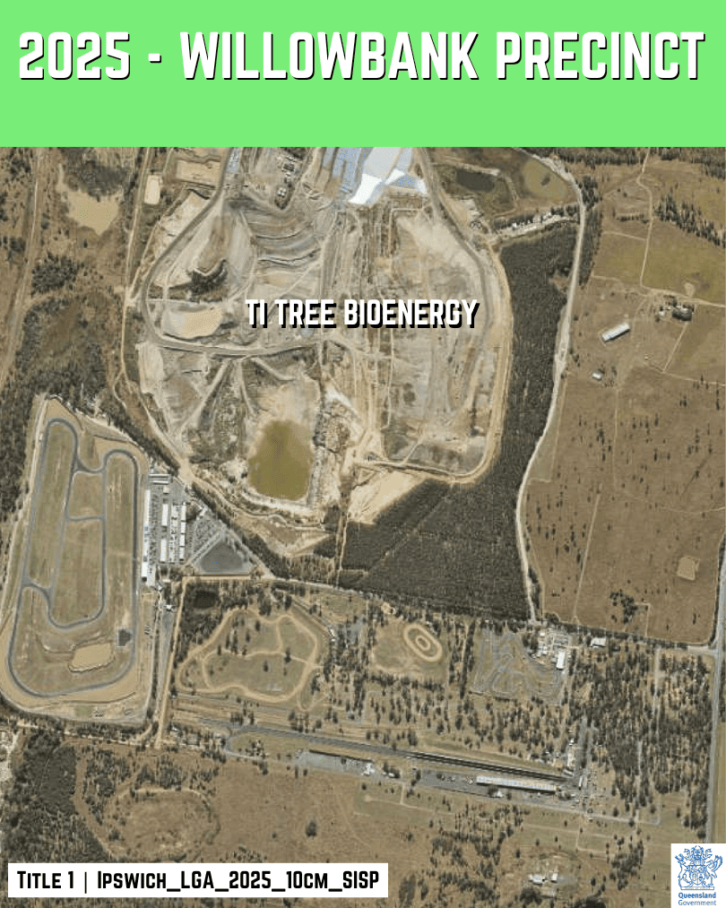 2025 aerial image of the Willowbank Motorsport Precinct showing a fully established venue within a highly engineered and industrialised corridor, Ipswich region QLD