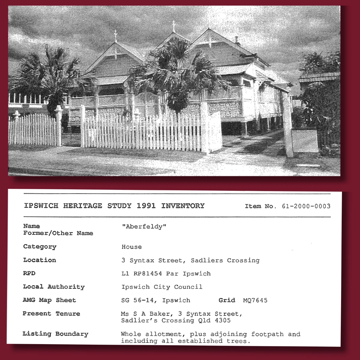 Ipswich Heritage Inventory Details Aberfeldy