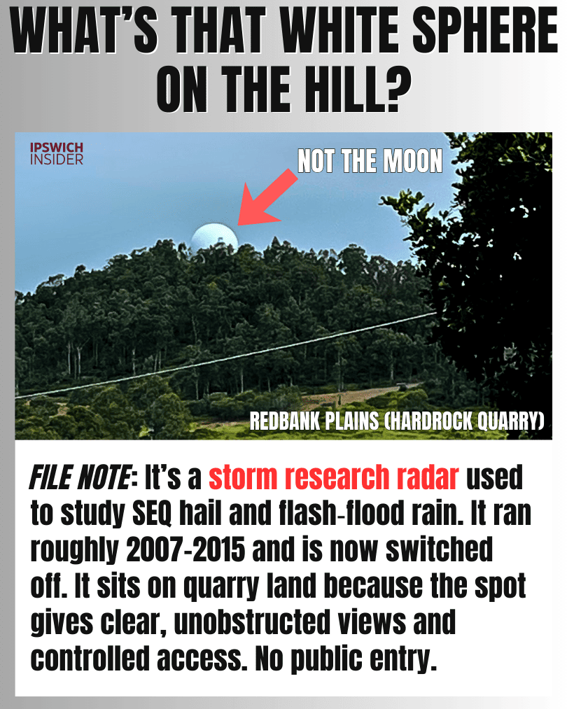 The Ipswich Files card: a white sphere radar dome on a hill near Hardrock Quarry, Redbank Plains