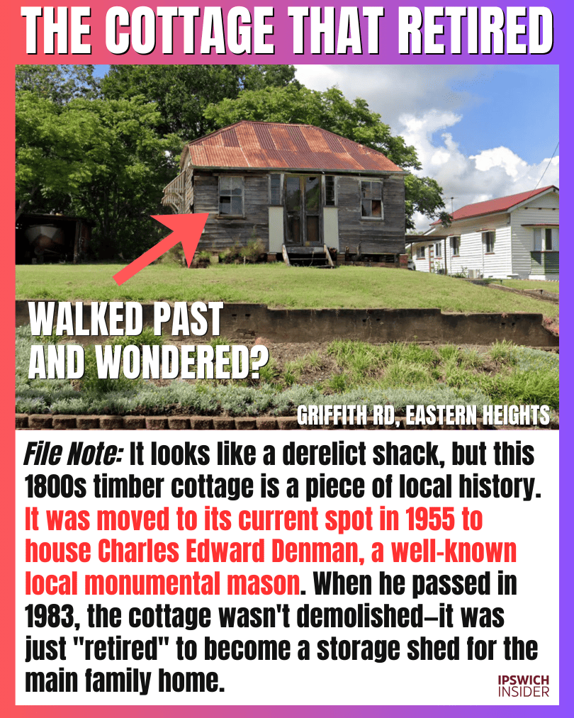 The Ipswich Files card: The Cottage That Retired, an old timber cottage on Griffith Road, Eastern Heights