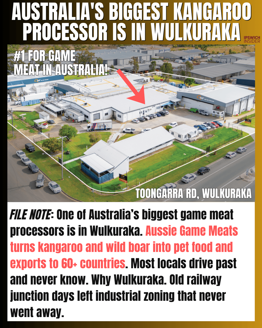 Australia's biggest kangaroo processor in Wulkuraka — game meat processing facility on Toongarra Road