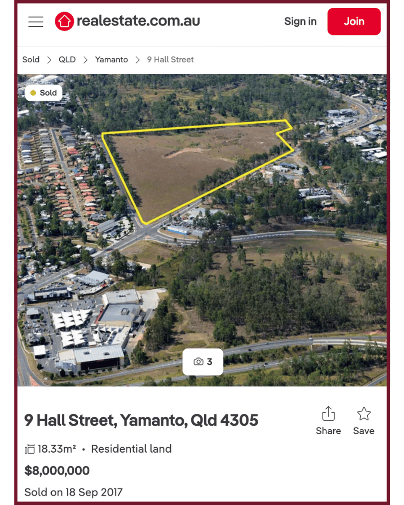 Screenshot of 9 Hall Street Yamanto listed on realestate.com.au as Residential Land for $8 million in 2017