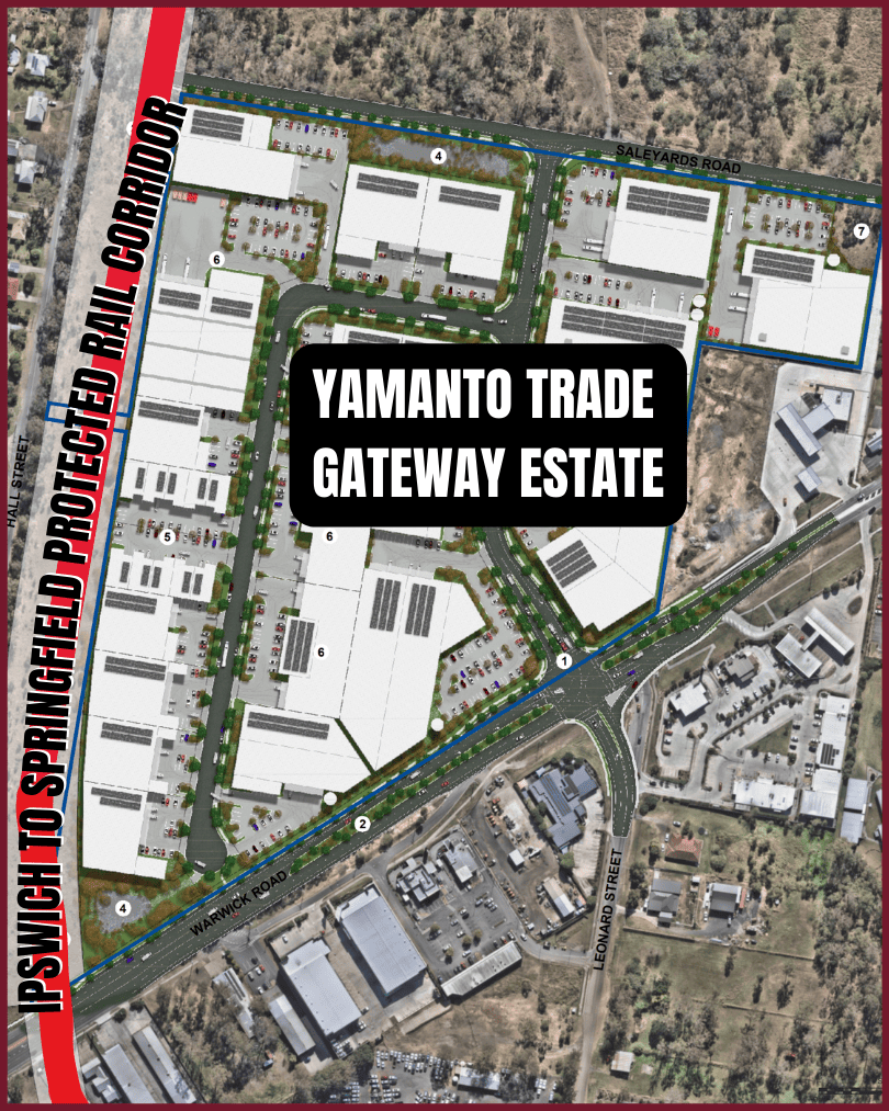 Yamanto Trade Gateway master plan showing the 29 industrial lots and the future Springfield to Ipswich rail corridor along Hall Street