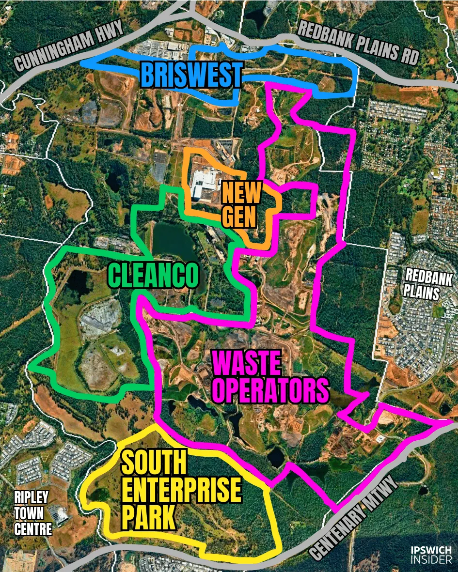 Annotated precinct map of Swanbank showing BrisWest, New-Gen, CleanCo Energy Precinct, Waste and Resource Recovery, and South Enterprise Park