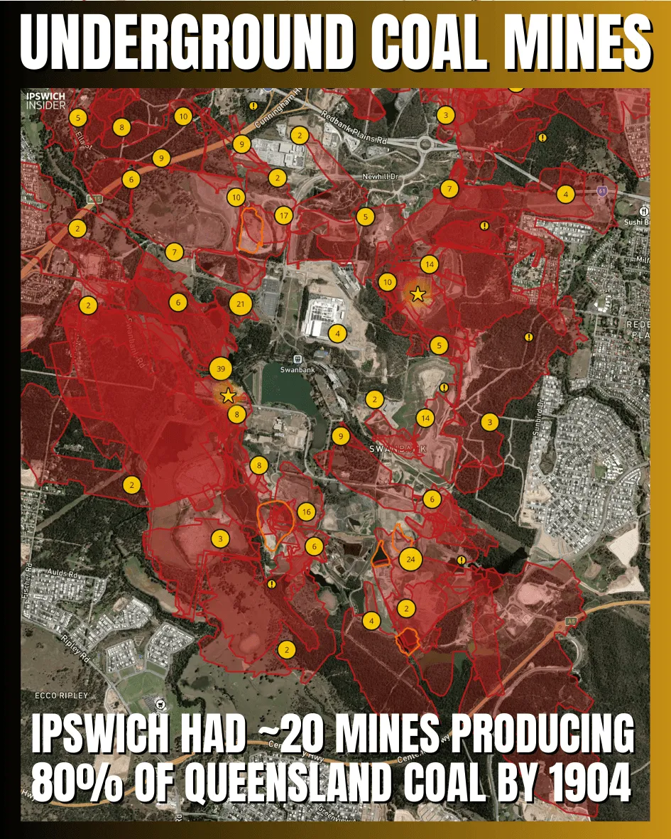 Map overlay showing underground coal mines and boreholes beneath Swanbank