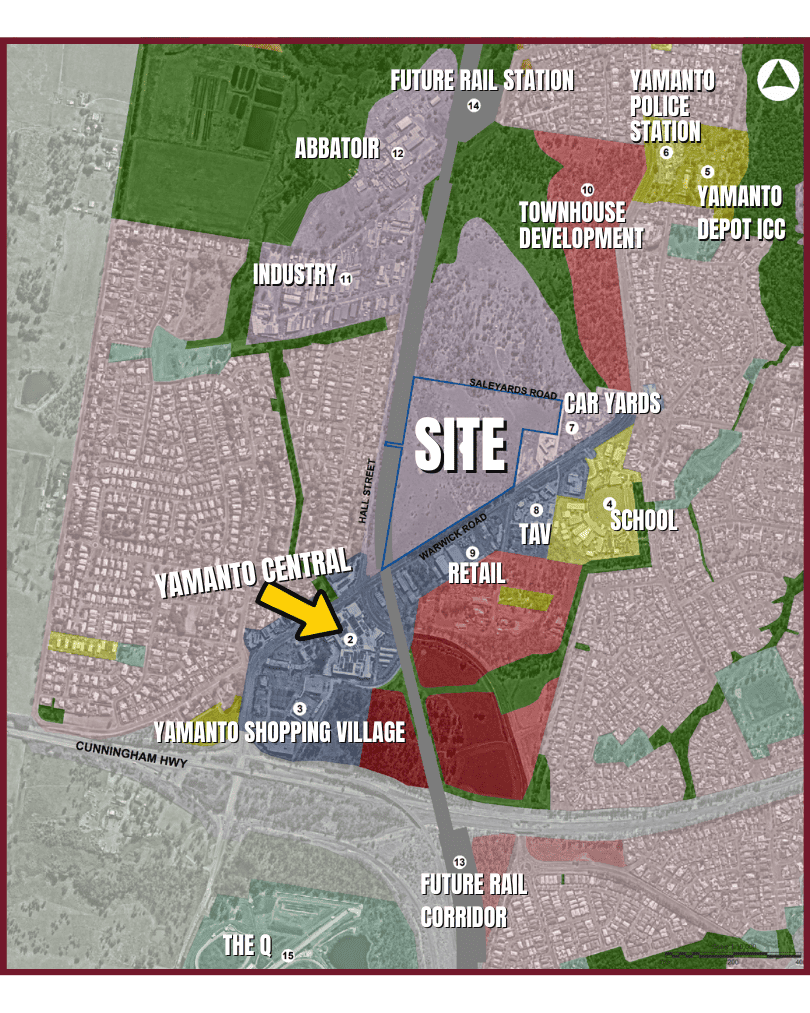 Map showing Yamanto Trade Gateway site location relative to Yamanto Central, Warwick Road, Hall Street and Saleyards Road