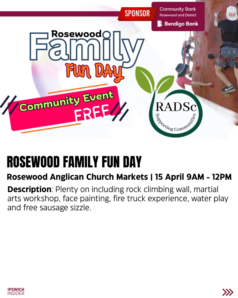 Rosewood Family Fun Day at Rosewood Anglican Church Markets on 15 April with rock climbing wall, martial arts workshop, face painting and water play