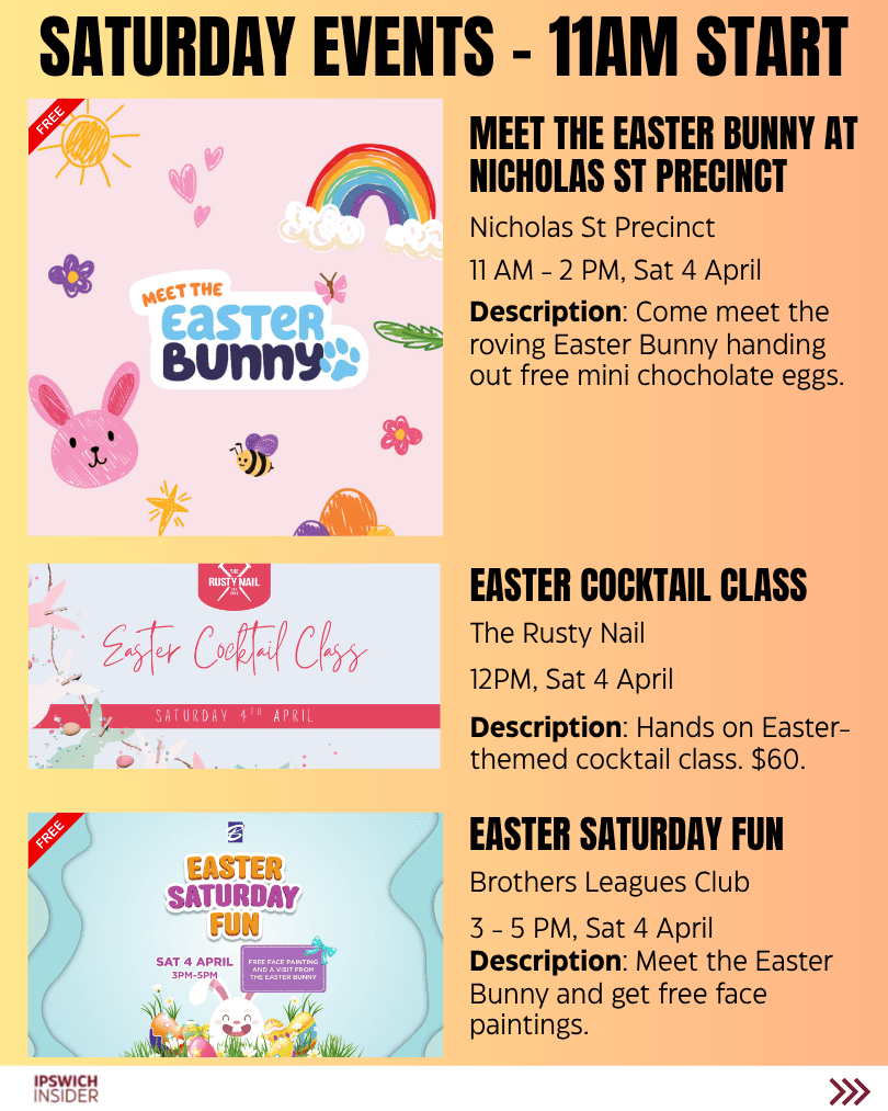 Saturday 4 April Easter events starting at 11AM including Meet the Easter Bunny at Nicholas St Precinct, Easter Cocktail Class, and Easter Saturday Fun at Brothers Leagues Club