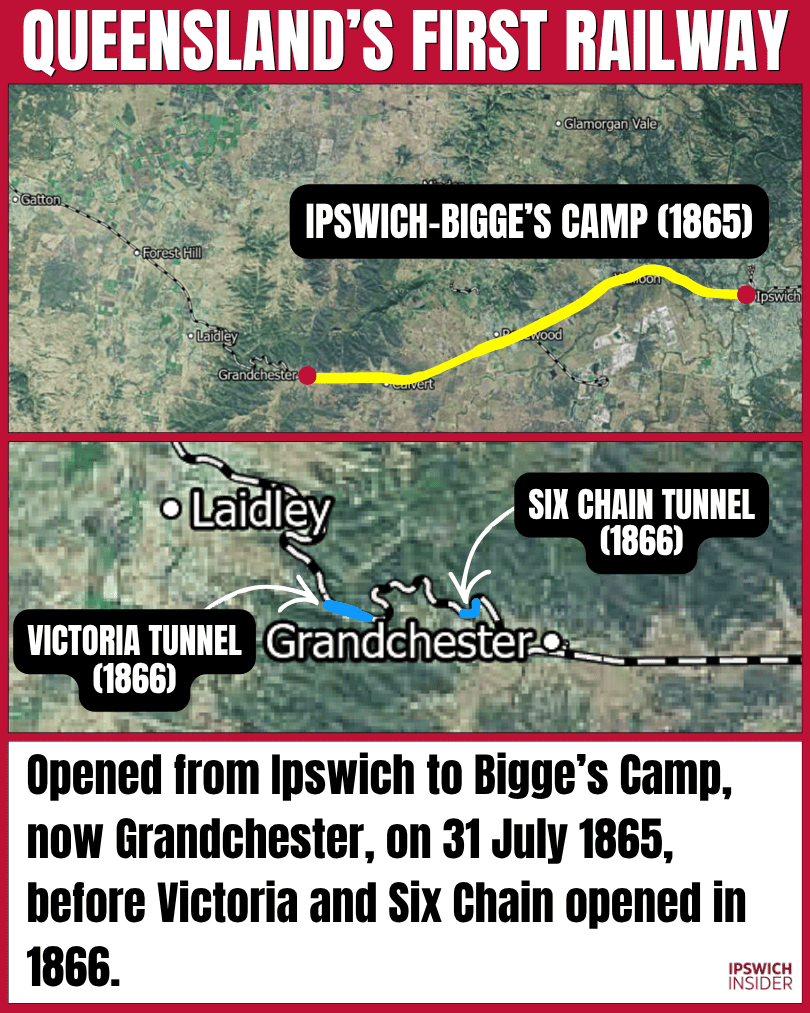 Card showing Queensland's first railway from Ipswich to Bigge's Camp and the later 1866 tunnel section
