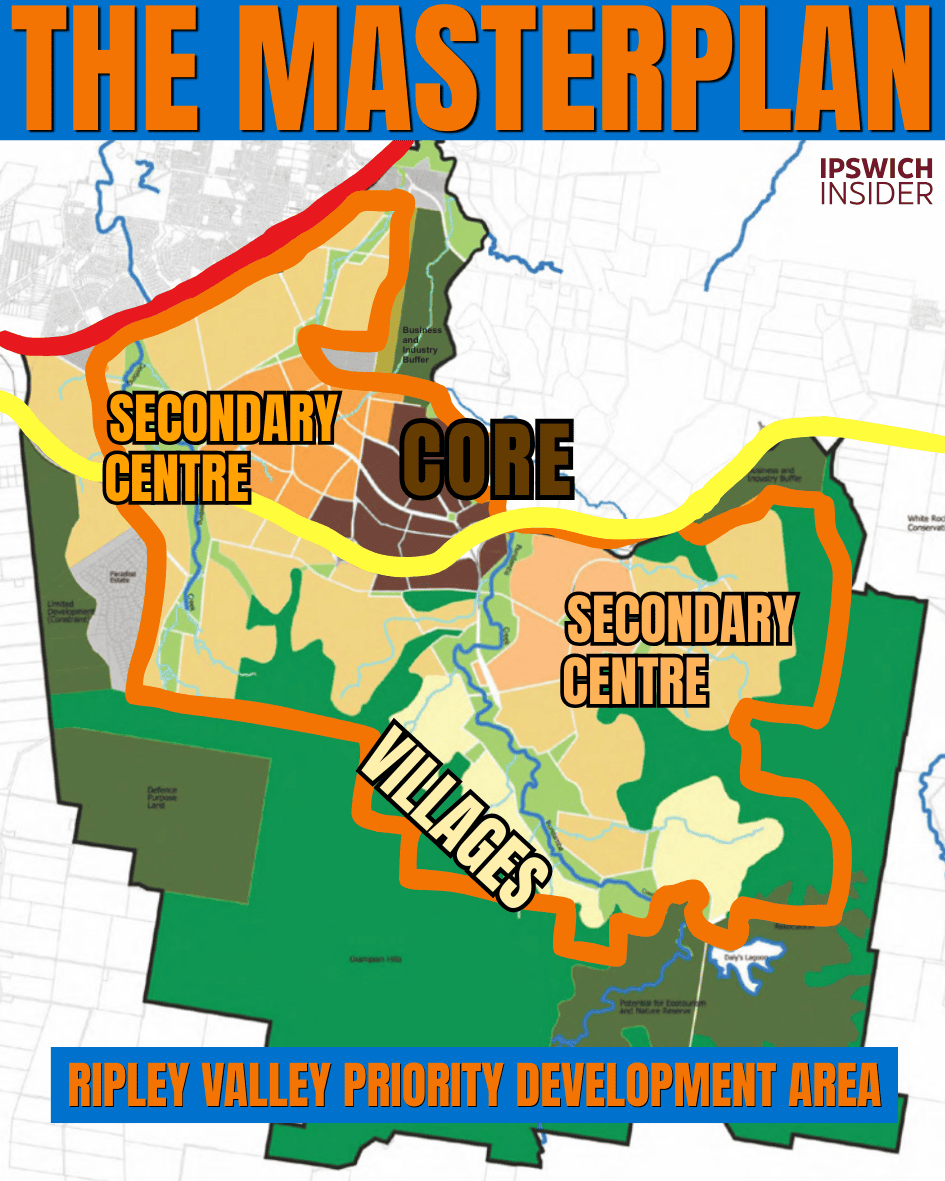 Cover card titled THE MASTERPLAN showing the Ripley Valley Priority Development Area with the urban core, two secondary centres and surrounding villages overlaid in orange and green