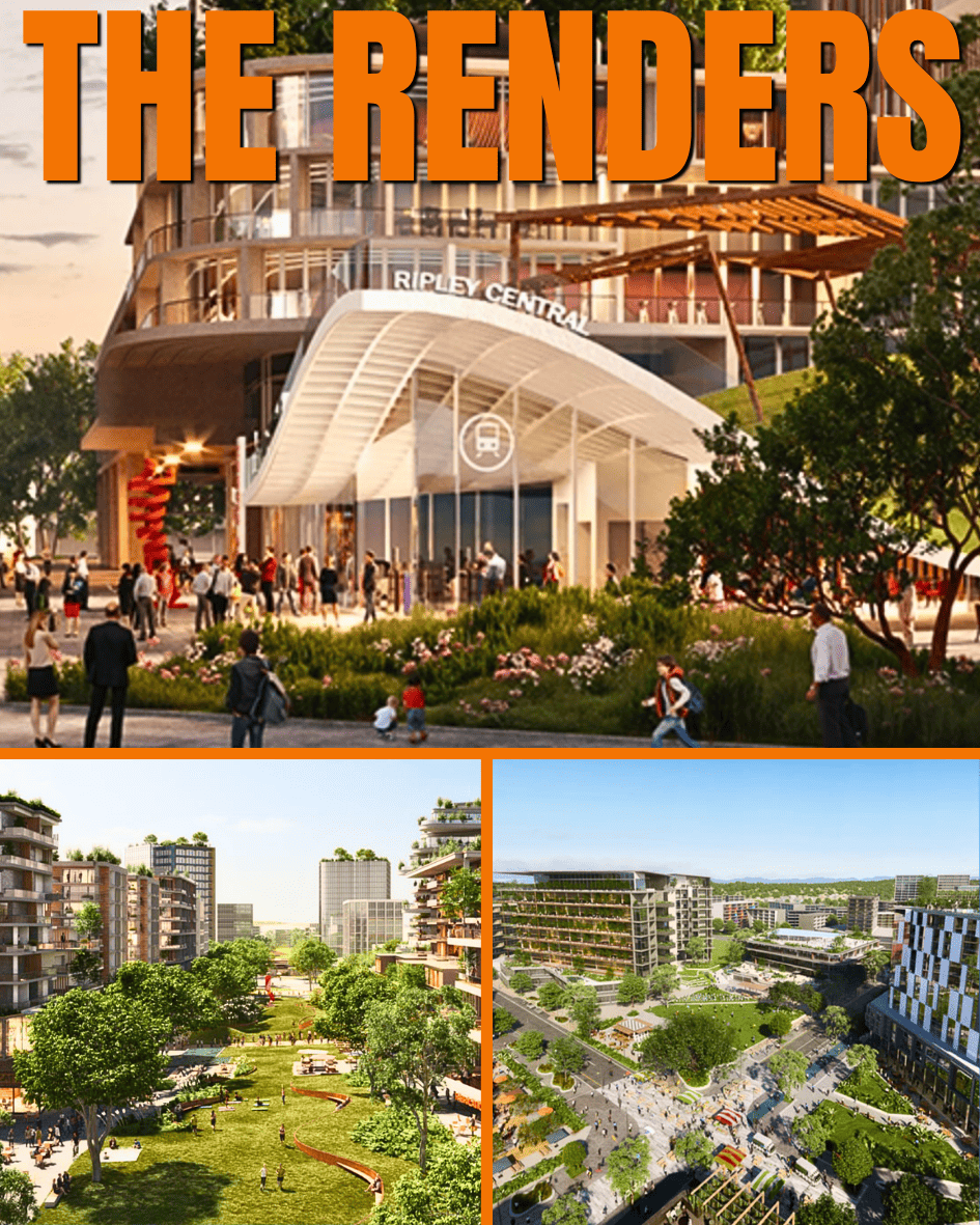 Card titled THE RENDERS showing two artist impressions of the planned Ripley Town Centre with pedestrians, apartments, retail laneways and a town square