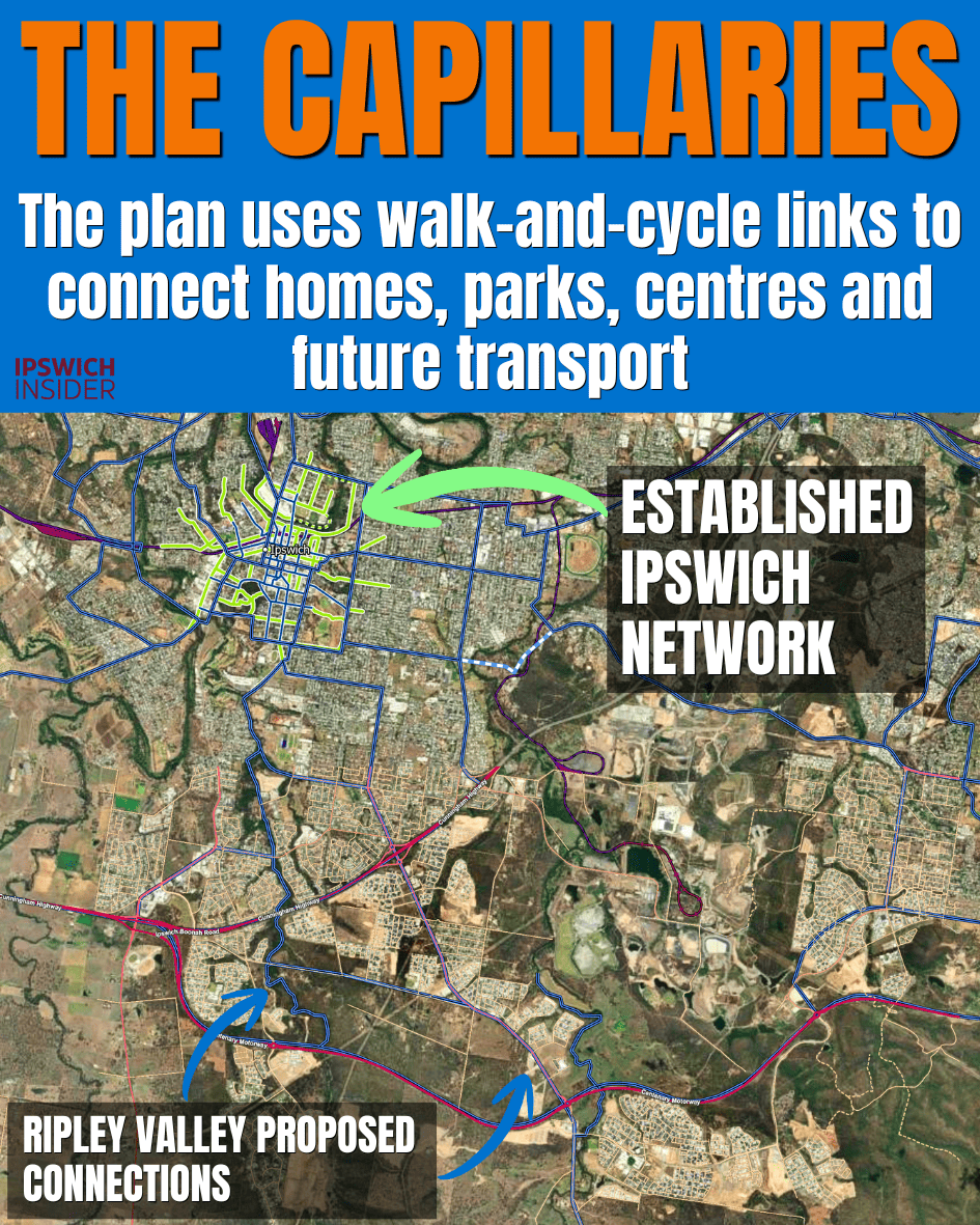 Card titled THE CAPILLARIES showing the planned Ripley Valley walk and cycle network overlaid against the established Ipswich active transport network