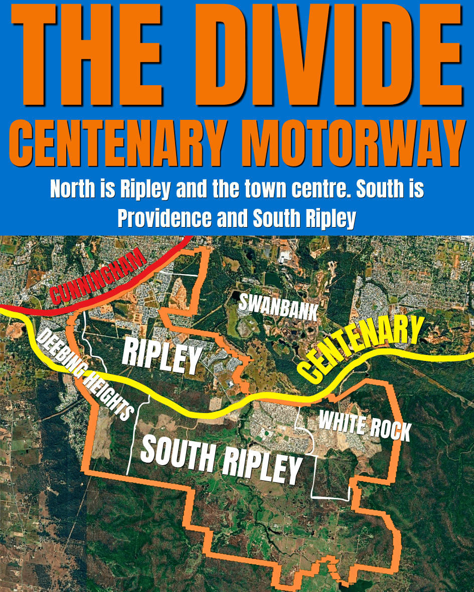 Aerial map of the Ripley Valley growth area with the Centenary Motorway highlighted in yellow cutting through the centre, splitting the area into a northern and southern half