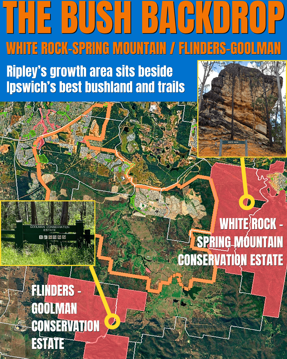 Map of the Ripley Valley growth area with White Rock-Spring Mountain Conservation Estate touching the eastern boundary and Flinders-Goolman Conservation Estate framing the wider south-western landscape