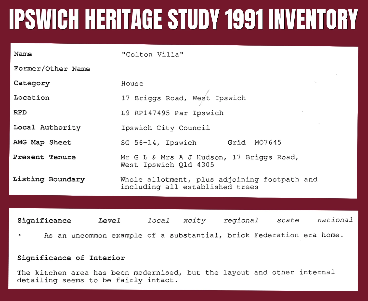 IPSWICH HERITAGE INVENTORY 1991 COLTON VILLA
