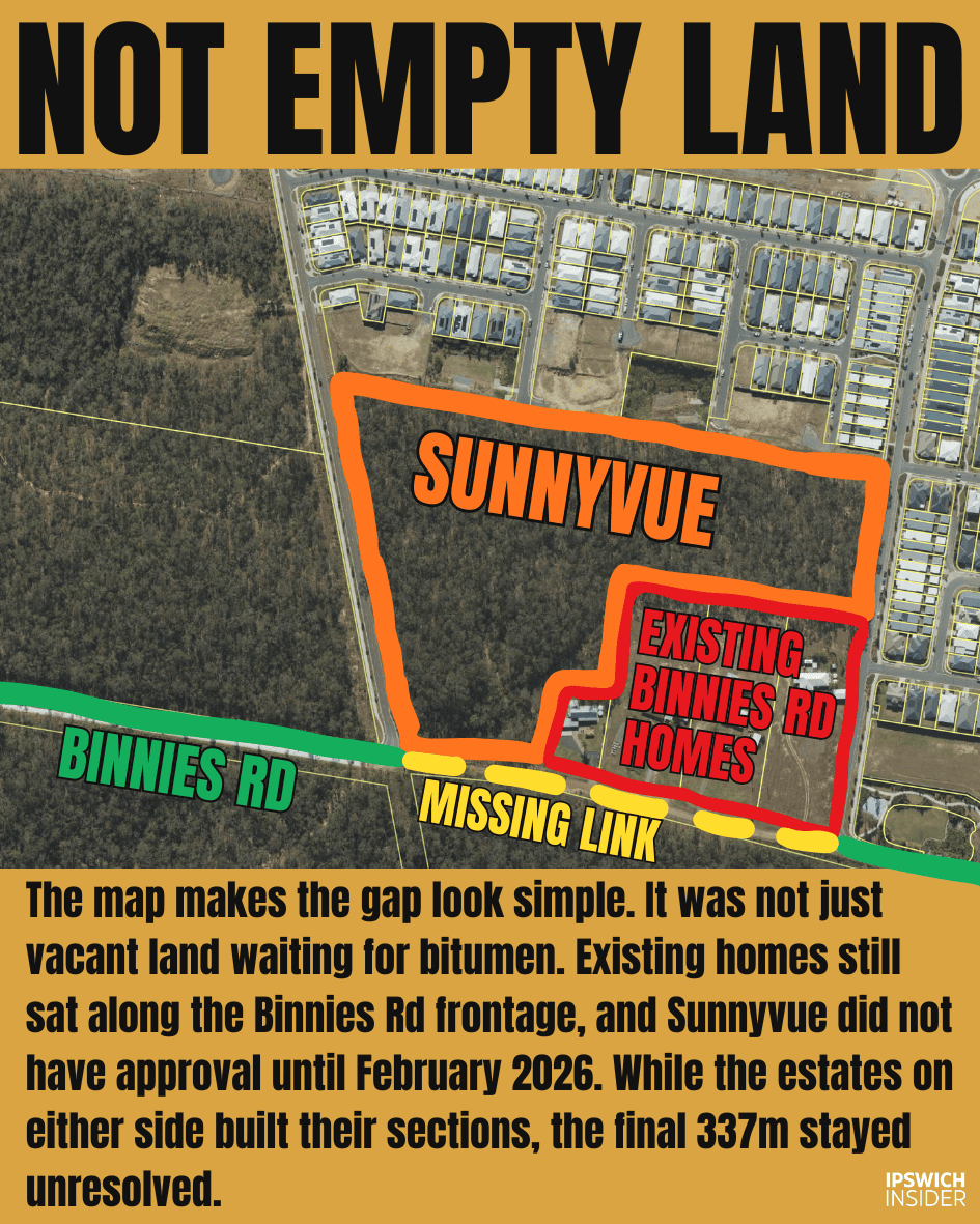 Satellite map of the Sunnyvue parcel outlined in red with existing Binnies Rd homes labelled along the southern frontage.
