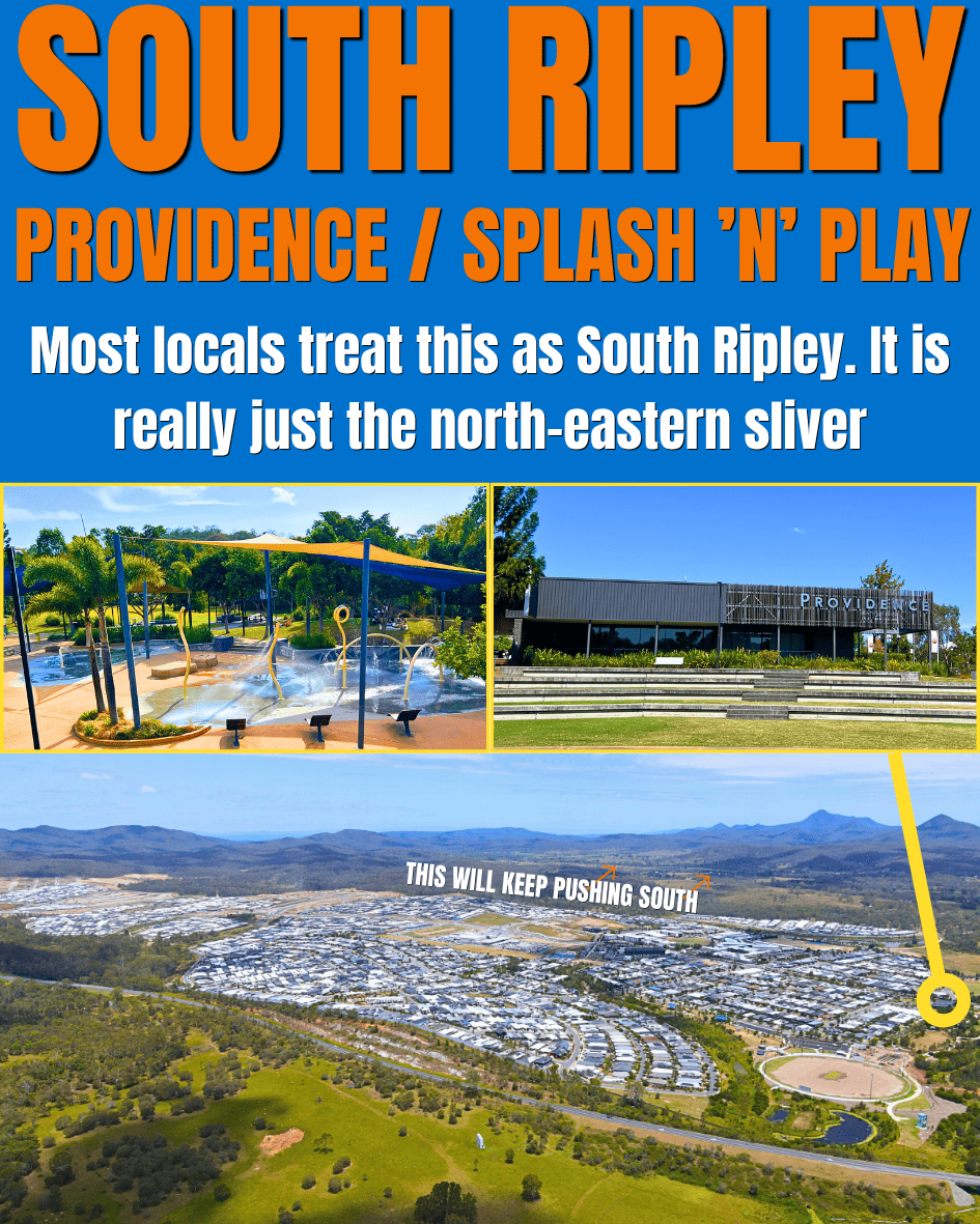 Aerial view of Providence estate and Splash 'n' Play in South Ripley, with the wider South Ripley boundary visible showing how much further south the suburb extends