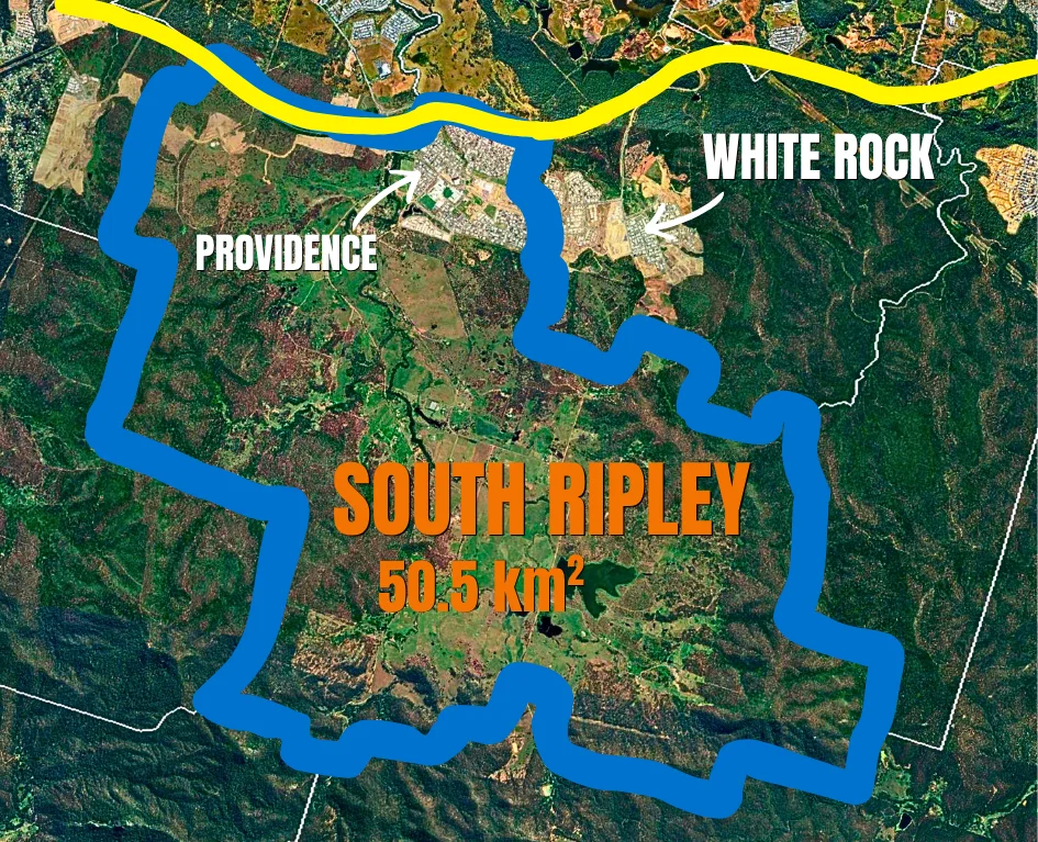 Map outline showing the full suburb of South Ripley and how Providence occupies only the north-eastern corner