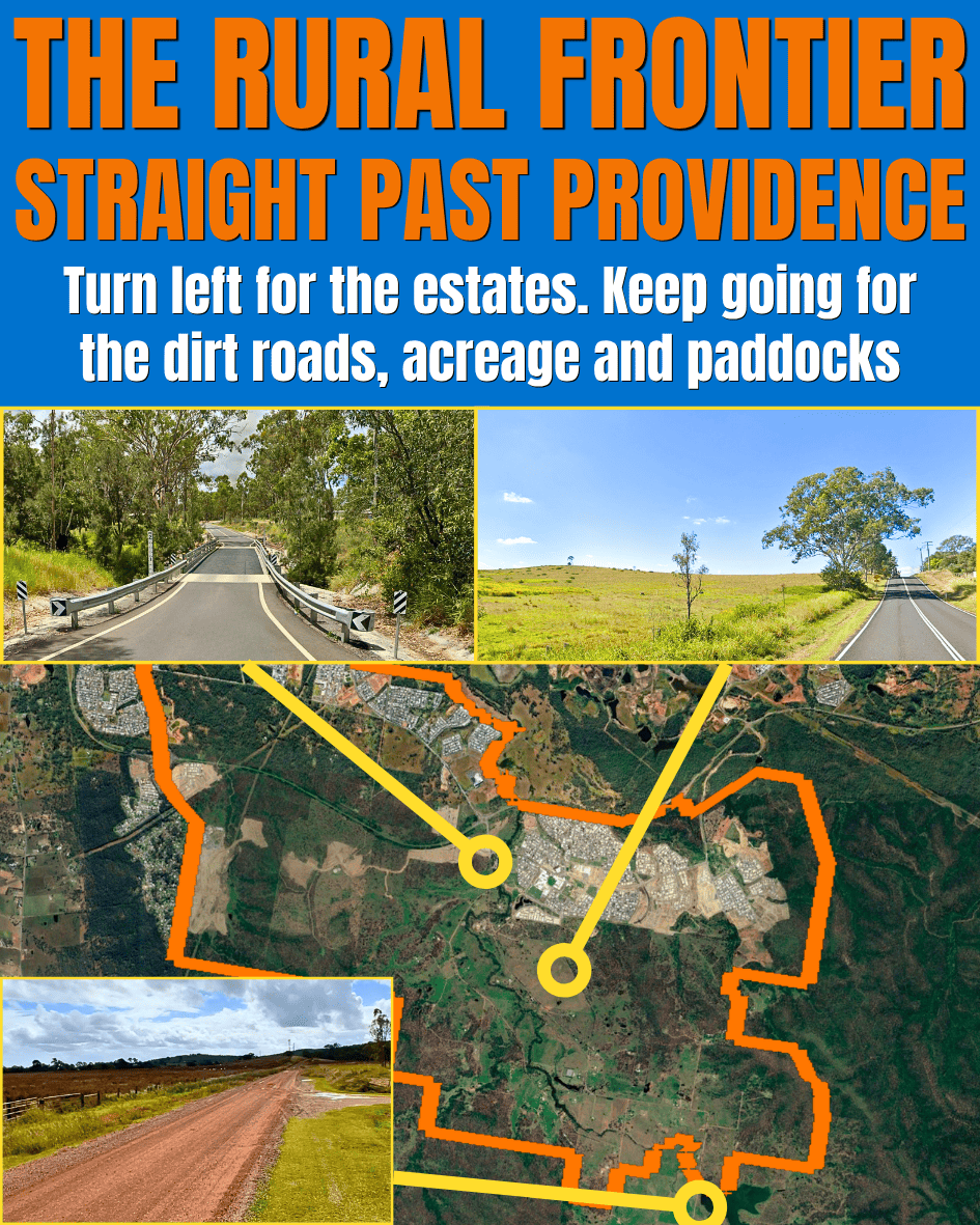 Ground-level images of dirt roads, paddocks and rural country roads past Providence, with the growth area boundary still wrapping around the land