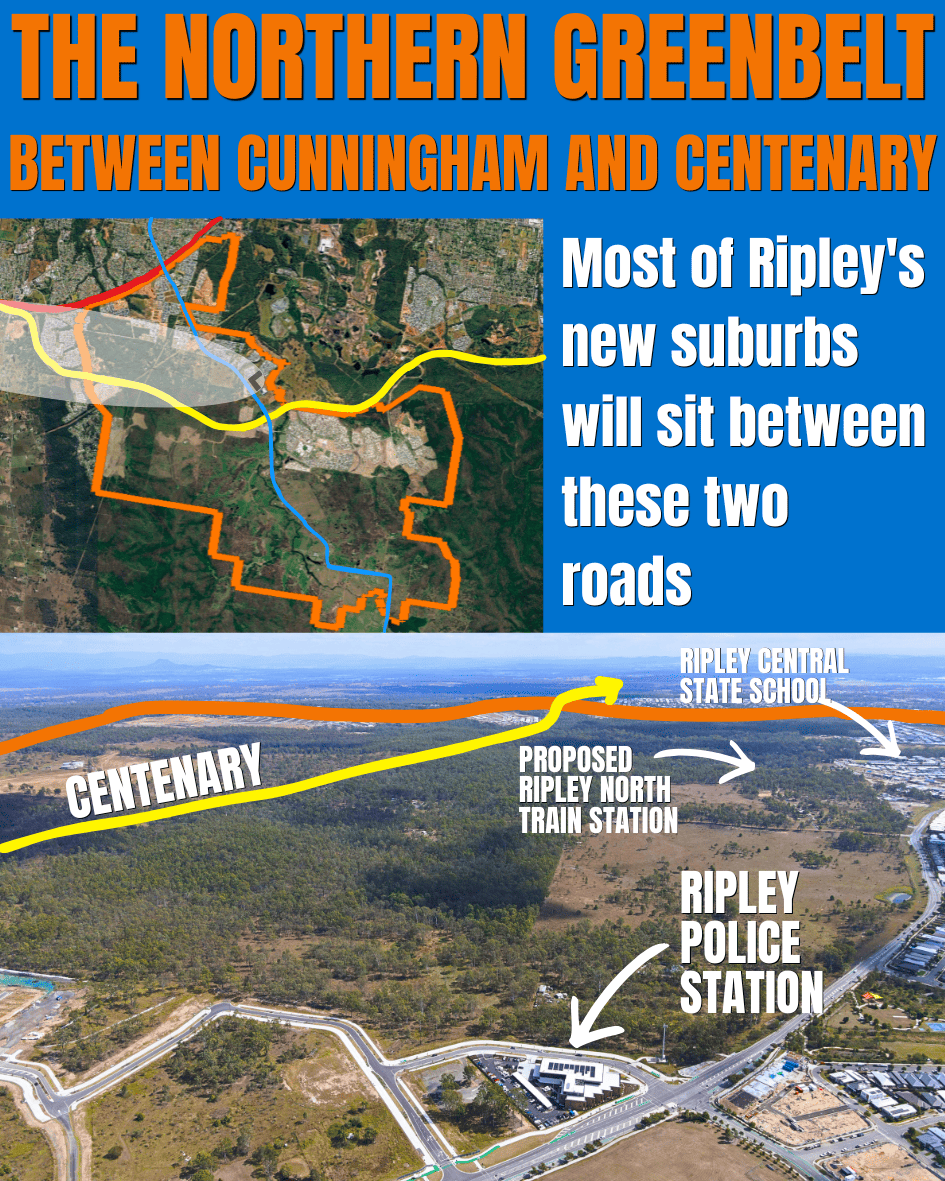 Aerial view of the green and treed northern section of the Ripley Valley growth area between the Cunningham Highway and the Centenary Motorway, with the proposed Ripley North station and Ripley Police Station marked