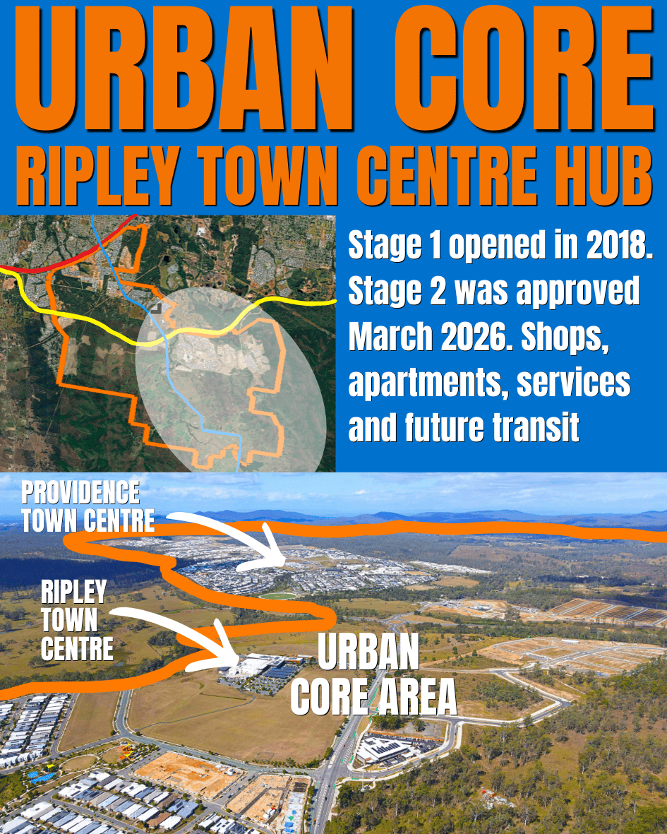 Aerial drone view of Ripley Town Centre and the surrounding urban core area, with the growth area boundary and Providence Town Centre visible in the wider frame