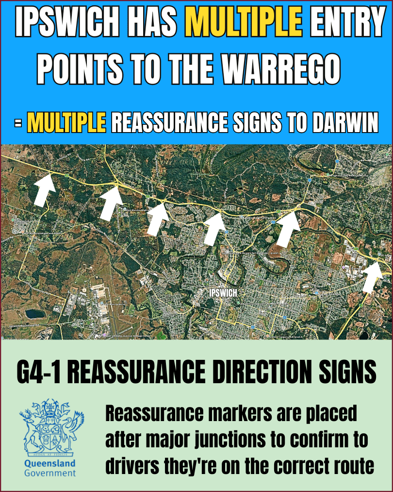 Aerial map of Ipswich showing the five major roads joining the Warrego Highway with reassurance sign locations marked
