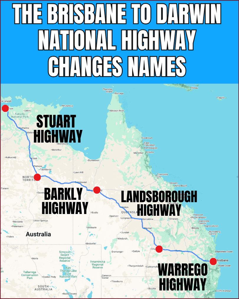 Map of Australia showing the Brisbane to Darwin National Highway corridor via the Warrego, Landsborough, Barkly and Stuart highways