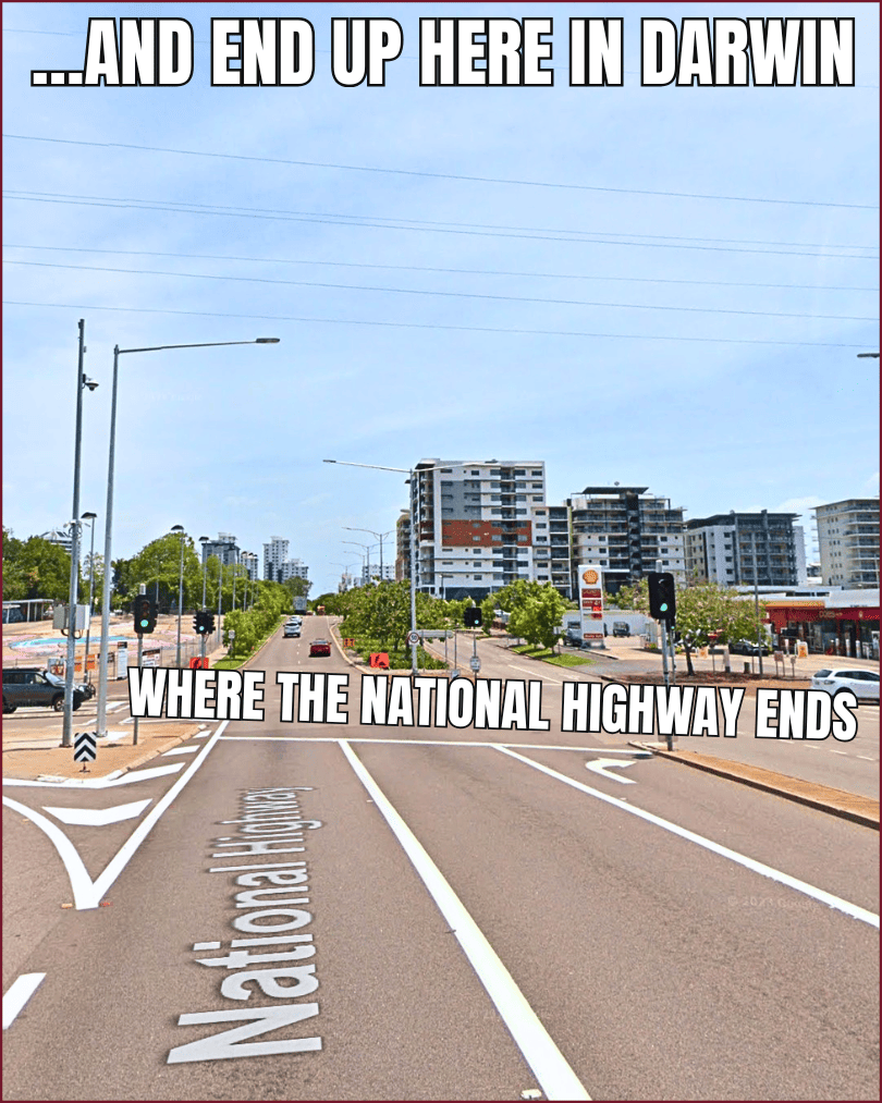 The end of the Brisbane to Darwin National Highway in Darwin city centre with National Highway painted on the road