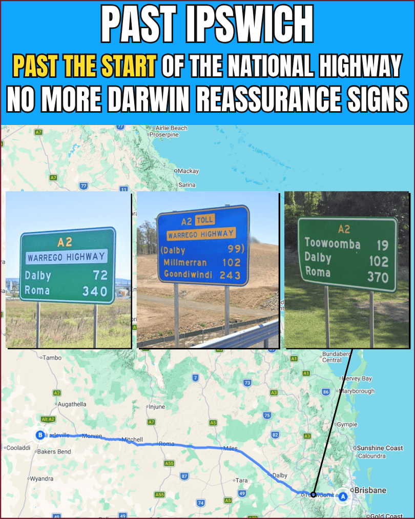 Three Warrego Highway distance signs west of Ipswich showing only Toowoomba, Roma and Dalby with no mention of Darwin