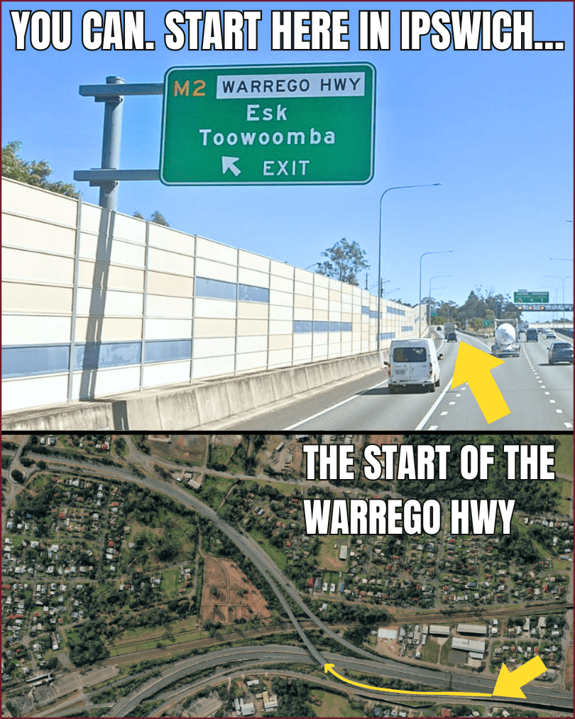 Warrego Highway exit sign and Riverview Interchange aerial showing the start of the Warrego in Ipswich