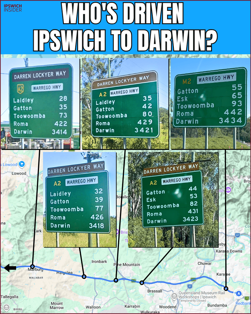 Five Warrego Highway reassurance signs in Ipswich all showing Darwin distances from 3,434 km down to 3,414 km