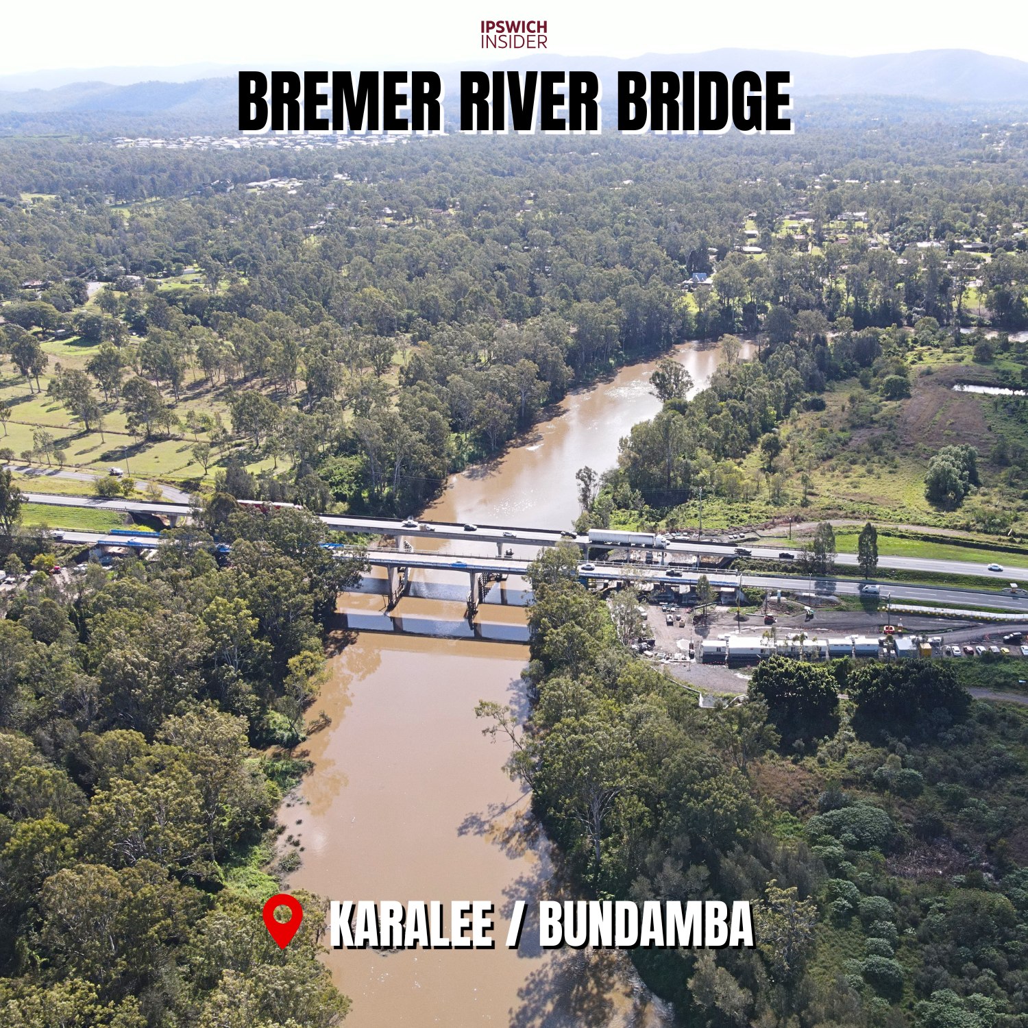 Drone photo of Bremer River Bridge on the Warrego Highway between Karalee and Bundamba