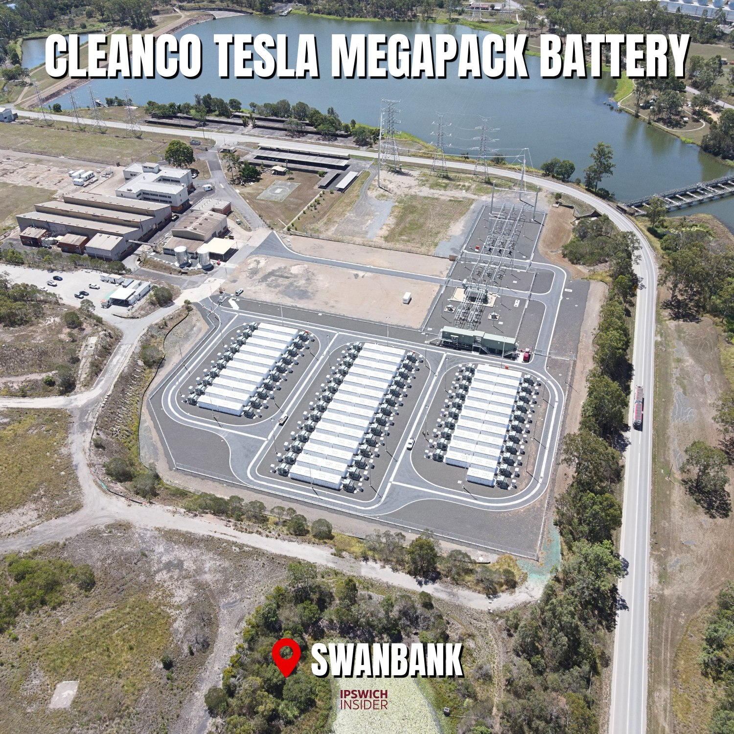 Drone photo of the CleanCo Tesla Megapack battery at Swanbank